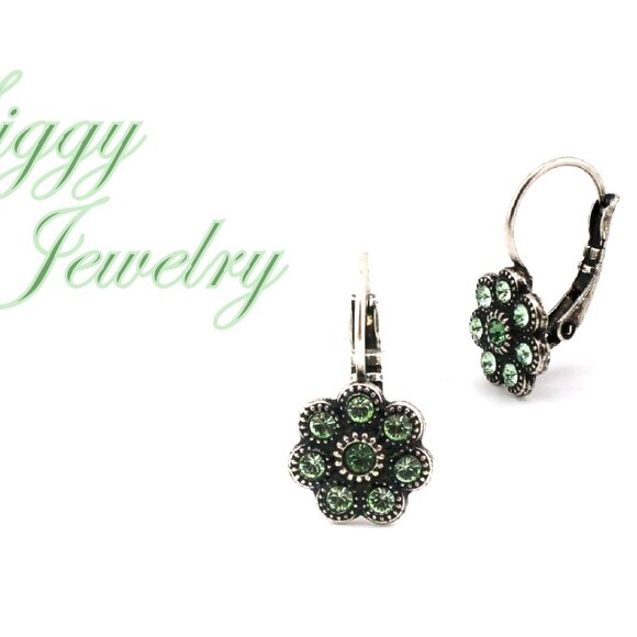 Austrian Crystal Flower Earrings, Green Erinite & Chrysolite, Assorted Finishes - Picture 3 of 5